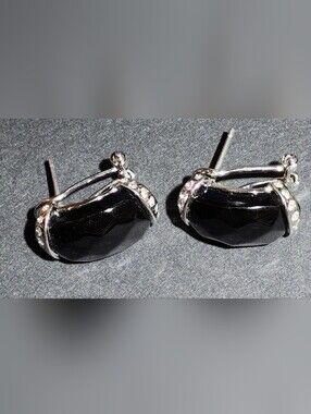 Vintage Italian Sterling Silver Whitby Jet and Cz Huggie Earrings